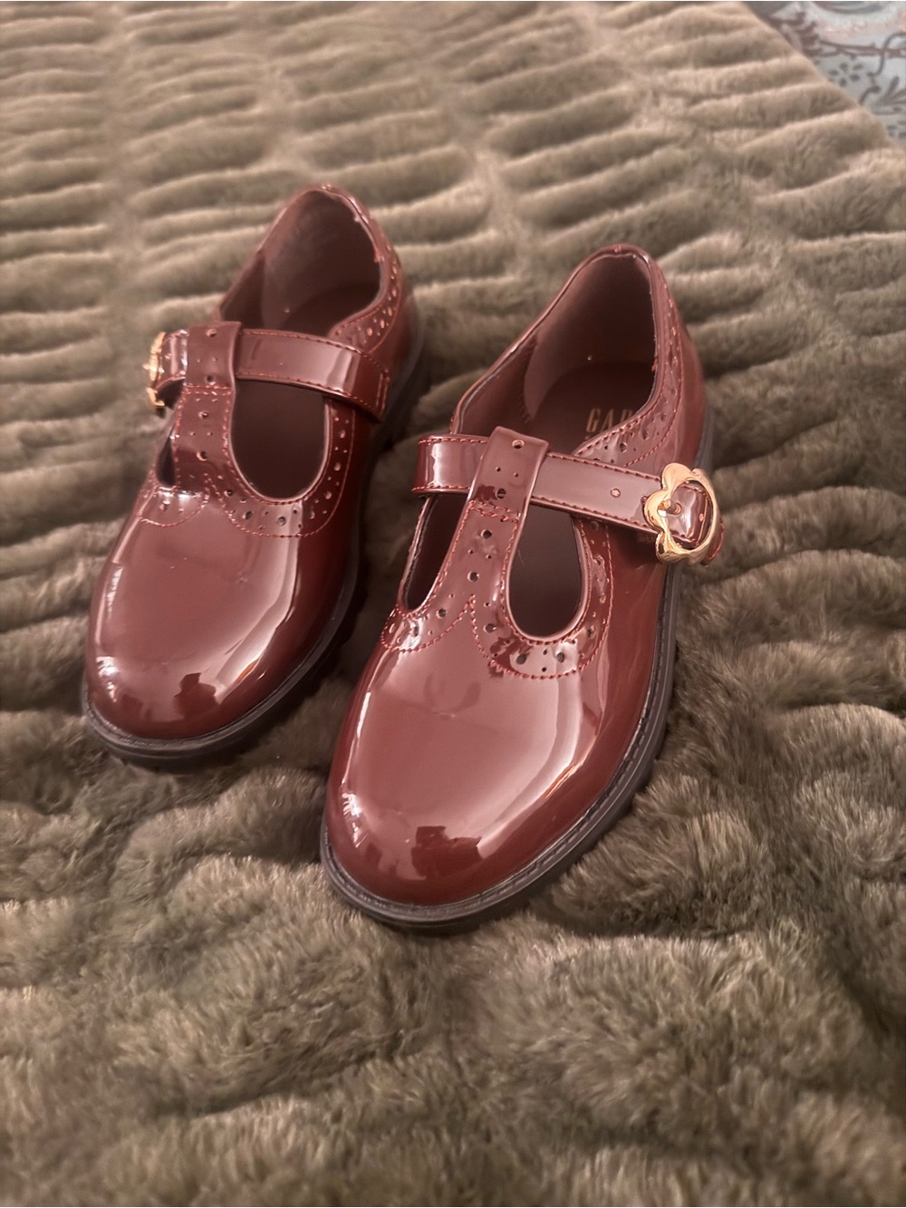 GAP Girls Patent Mary Janes in Deep Burgundy with Gold Buckle
